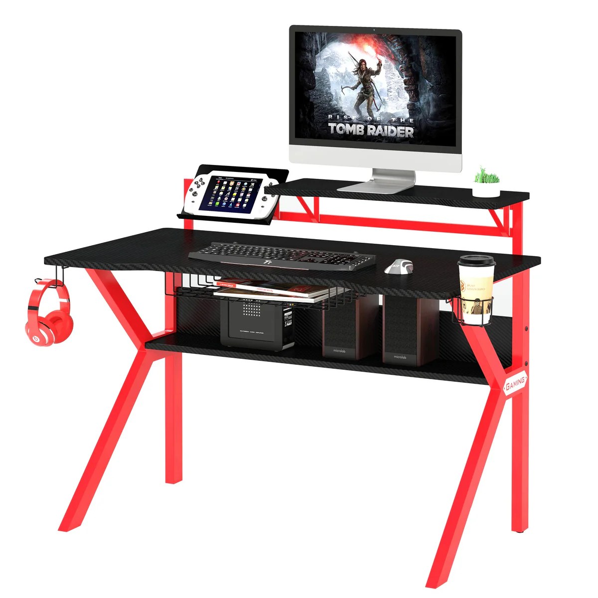 Gaming Desk - Ergonomic Metal Frame, Carbon Fiber Texture, Raised Monitor Shelf, K-Shaped Legs, Headphone & Cup Holders, Black & Red, 54x27x37 Inches