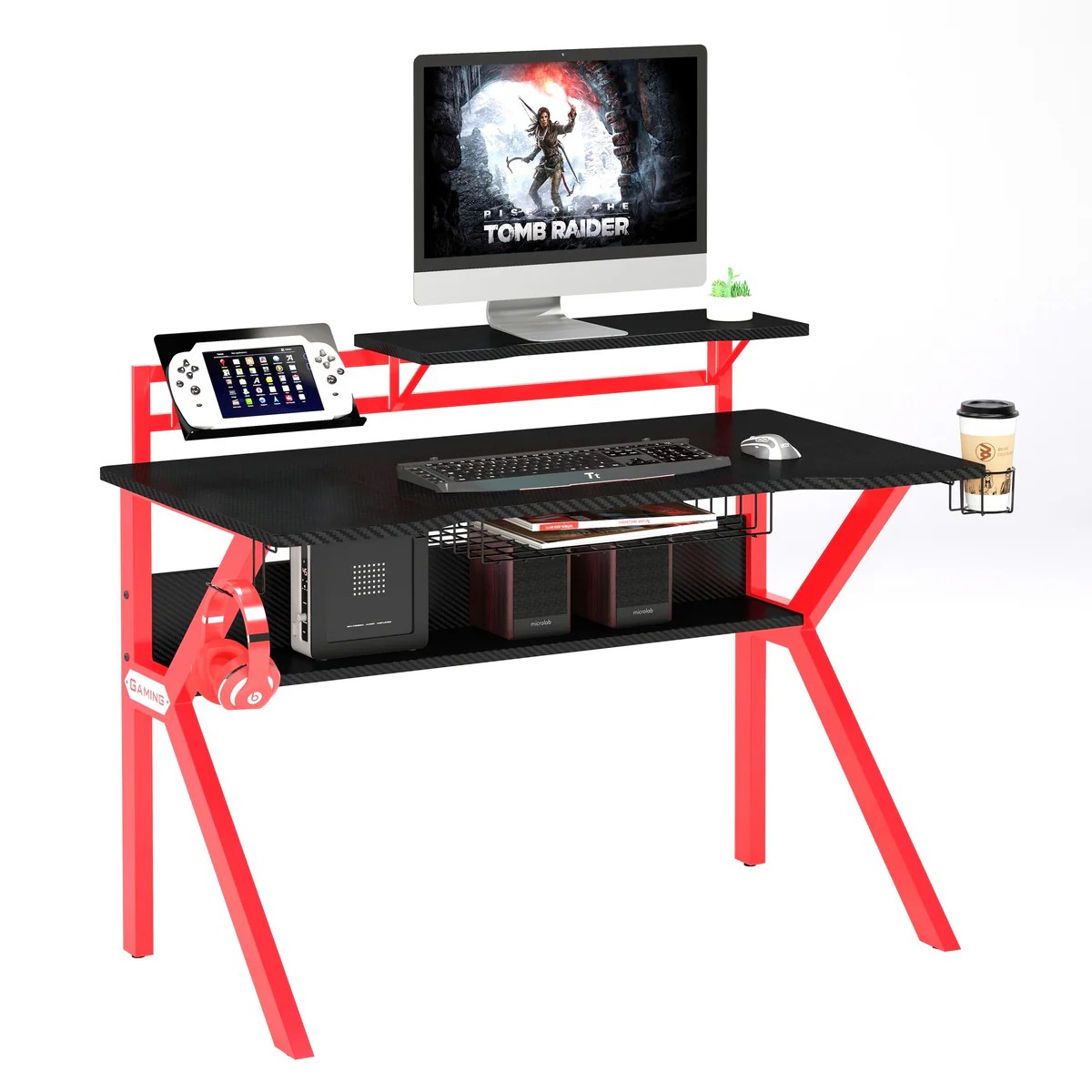 Gaming Desk - Ergonomic Metal Frame, Carbon Fiber Texture, Raised Monitor Shelf, K-Shaped Legs, Headphone & Cup Holders, Black & Red, 54x27x37 Inches