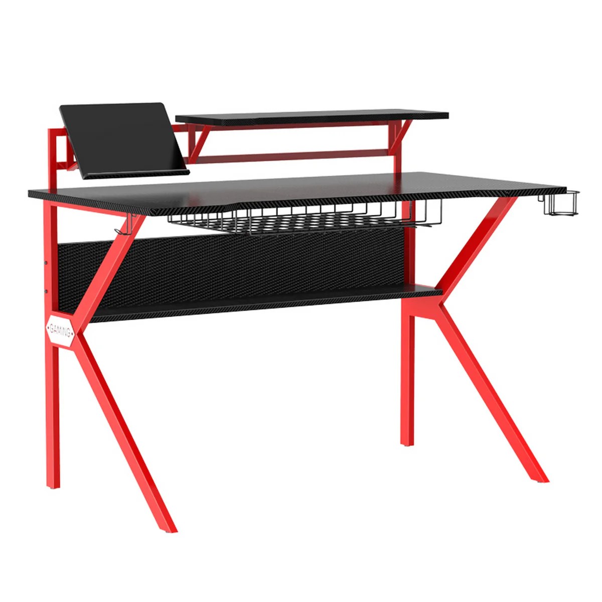 Gaming Desk - Ergonomic Metal Frame, Carbon Fiber Texture, Raised Monitor Shelf, K-Shaped Legs, Headphone & Cup Holders, Black & Red, 54x27x37 Inches