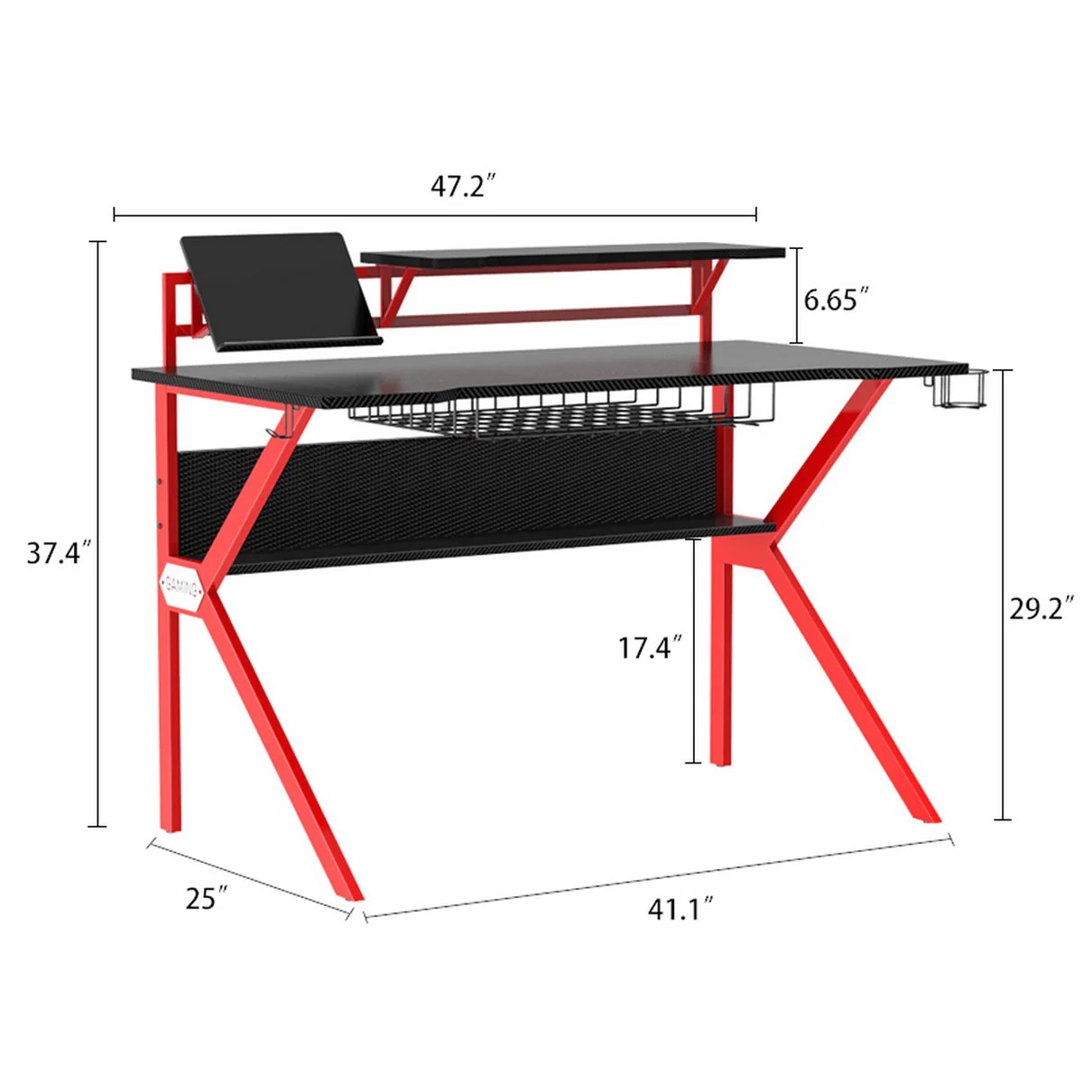 Gaming Desk - Ergonomic Metal Frame, Carbon Fiber Texture, Raised Monitor Shelf, K-Shaped Legs, Headphone & Cup Holders, Black & Red, 54x27x37 Inches