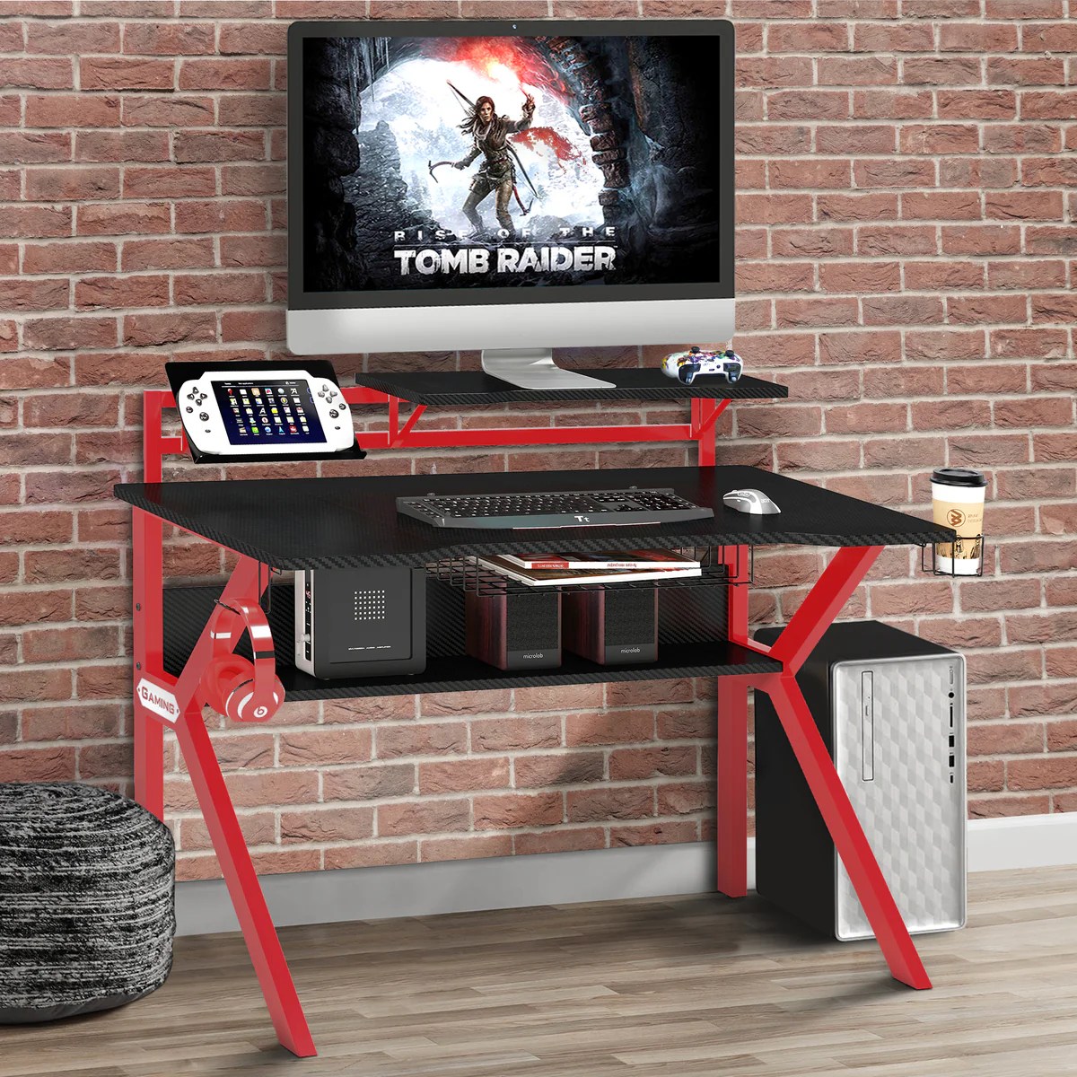 Gaming Desk - Ergonomic Metal Frame, Carbon Fiber Texture, Raised Monitor Shelf, K-Shaped Legs, Headphone & Cup Holders, Black & Red, 54x27x37 Inches