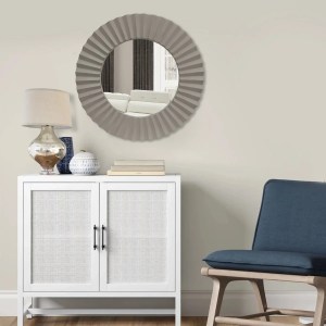 32 Inch Round Gray Beveled Floating Wall Mirror with Corrugated Wooden Frame