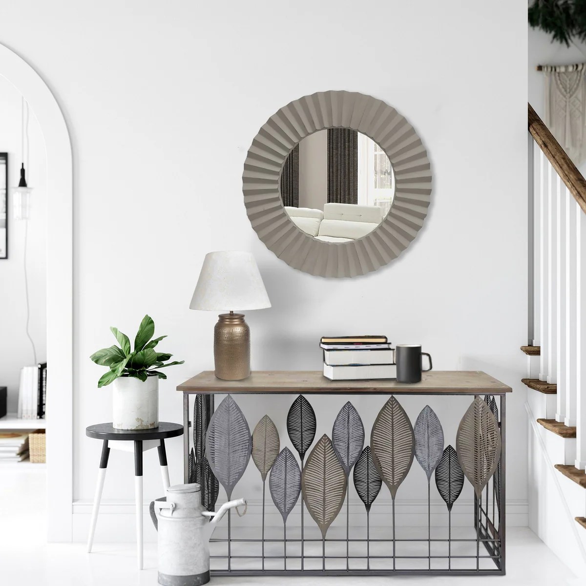 32 Inch Round Gray Beveled Floating Wall Mirror with Corrugated Wooden Frame
