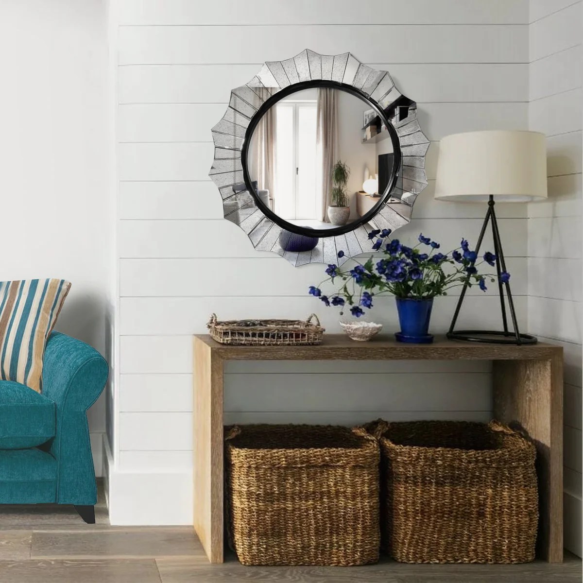 Scalloped Round Accent Mirror, Silver Beveled, MDF Frame