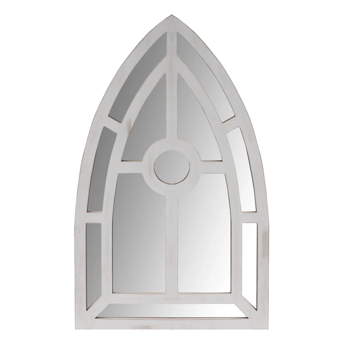 Arched Window Pane Wall Mirror with Trimmed Details - Silver MDF Framed Mirror - 39x24 Inches