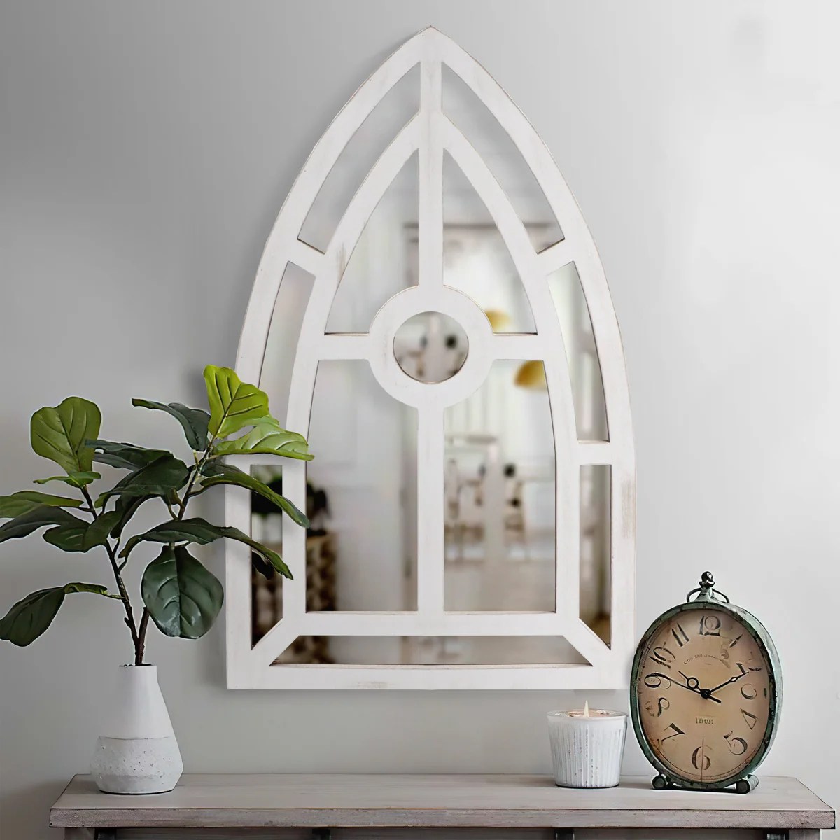 Arched Window Pane Wall Mirror with Trimmed Details - Silver MDF Framed Mirror - 39x24 Inches