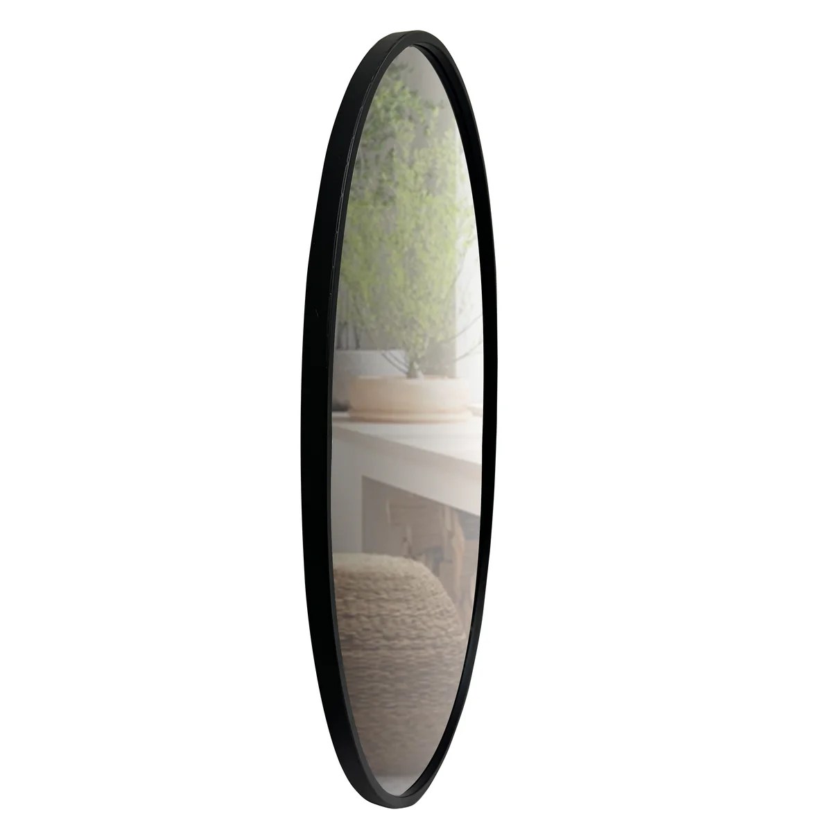 Black Oval Metal Wall Mirror with Wooden Back