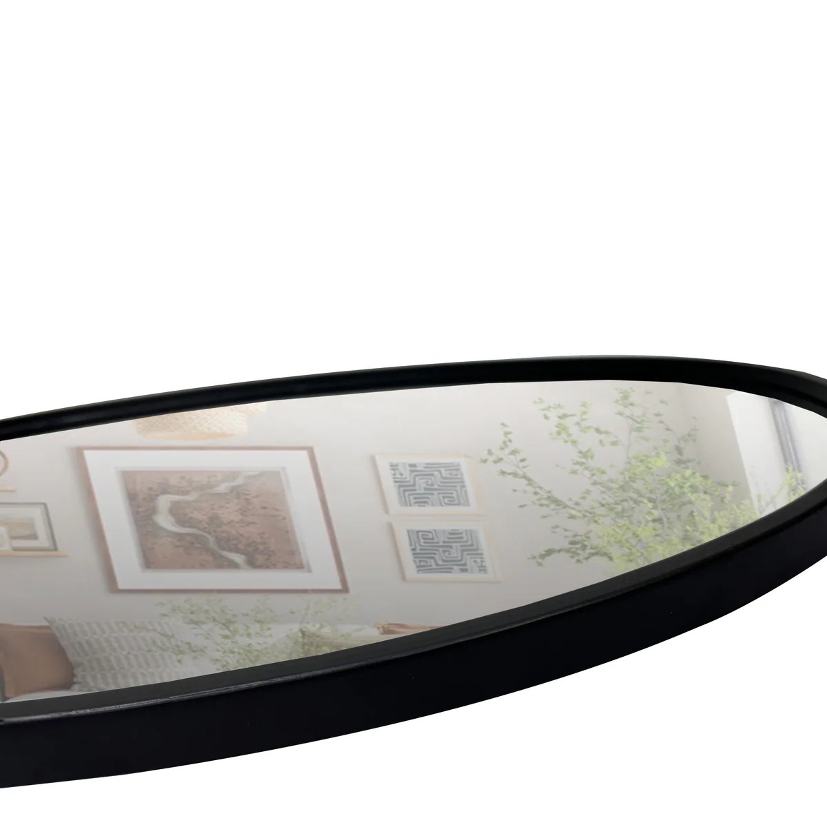 Black Oval Metal Wall Mirror with Wooden Back
