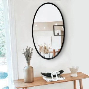 Black Oval Metal Wall Mirror with Wooden Back