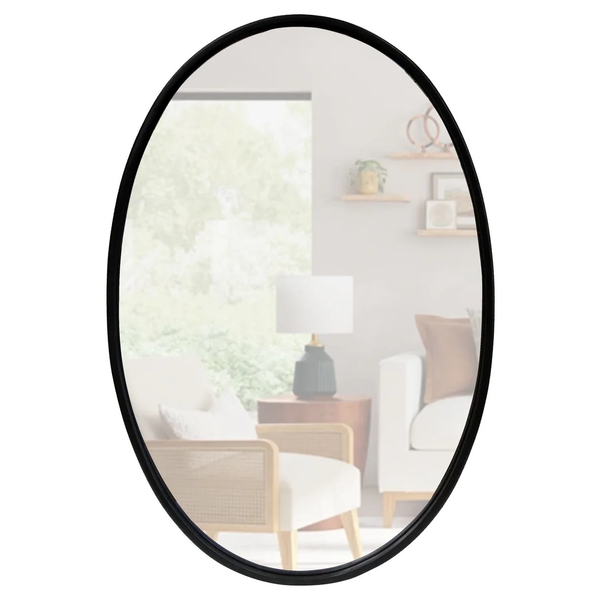Black Oval Metal Wall Mirror with Wooden Back
