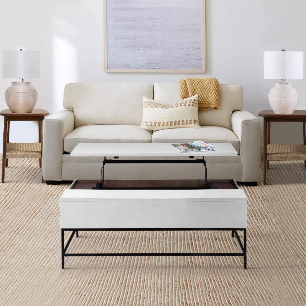 45 Inch Lift Top Coffee Table with Storage - Mango Wood & Iron - White & Black - Modern Coastal Style