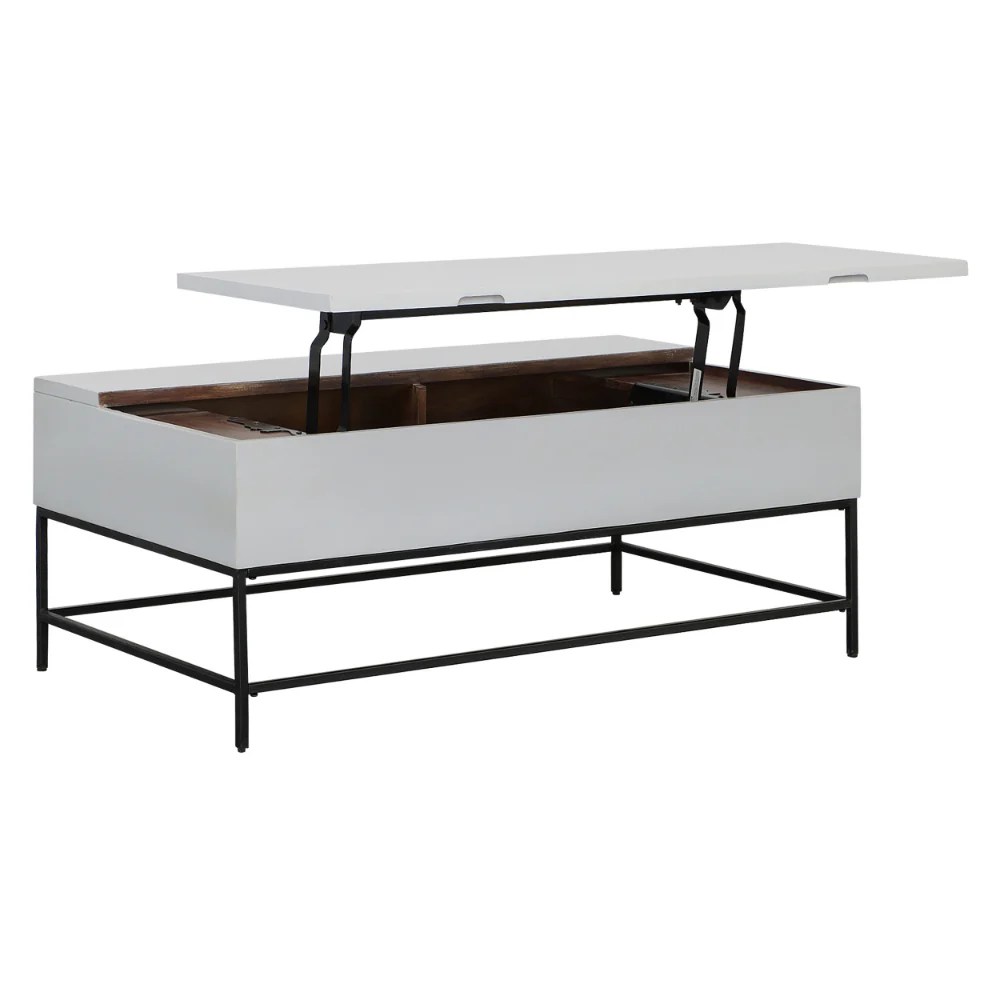 45 Inch Lift Top Coffee Table with Storage - Mango Wood & Iron - White & Black - Modern Coastal Style