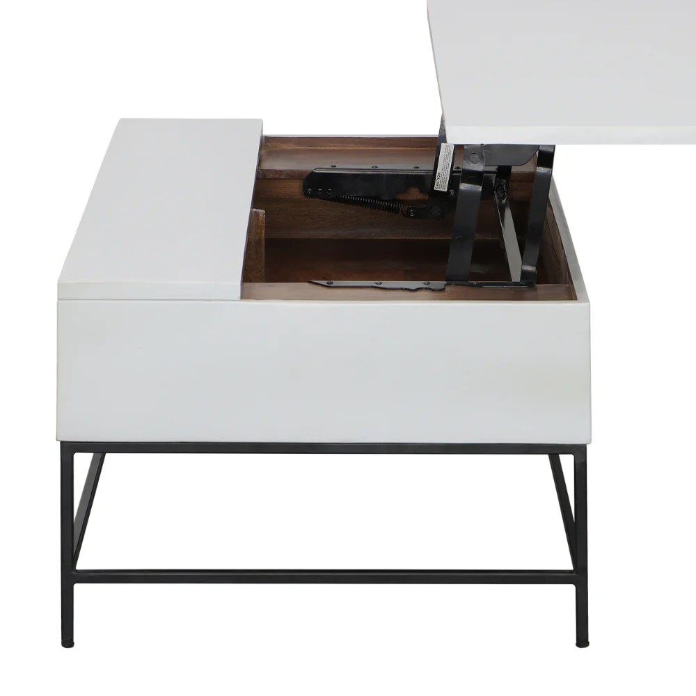 45 Inch Lift Top Coffee Table with Storage - Mango Wood & Iron - White & Black - Modern Coastal Style