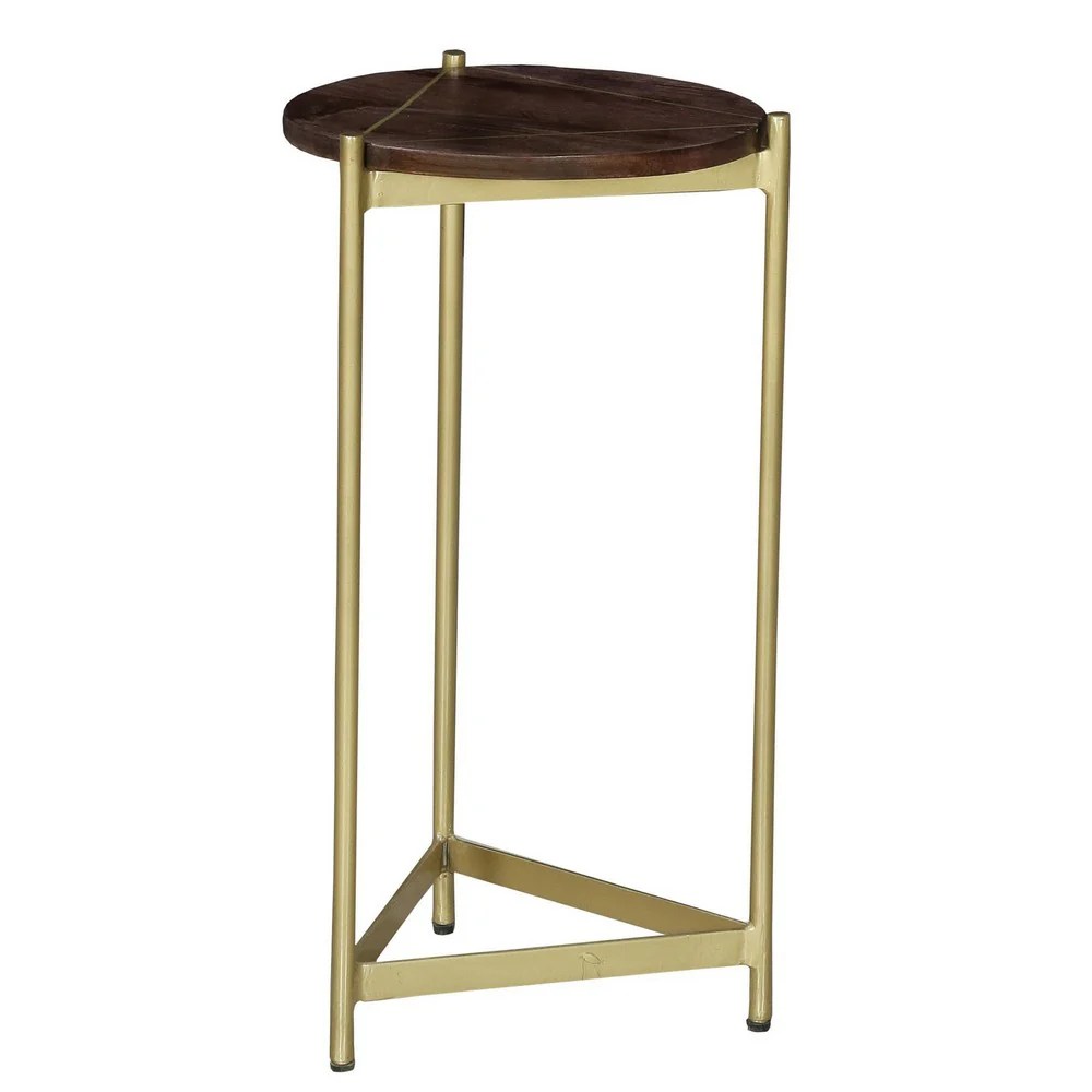 Brita 12" Round Mango Wood Cocktail End Table with Gold Triangular Base - Brown & Brass Accent Table