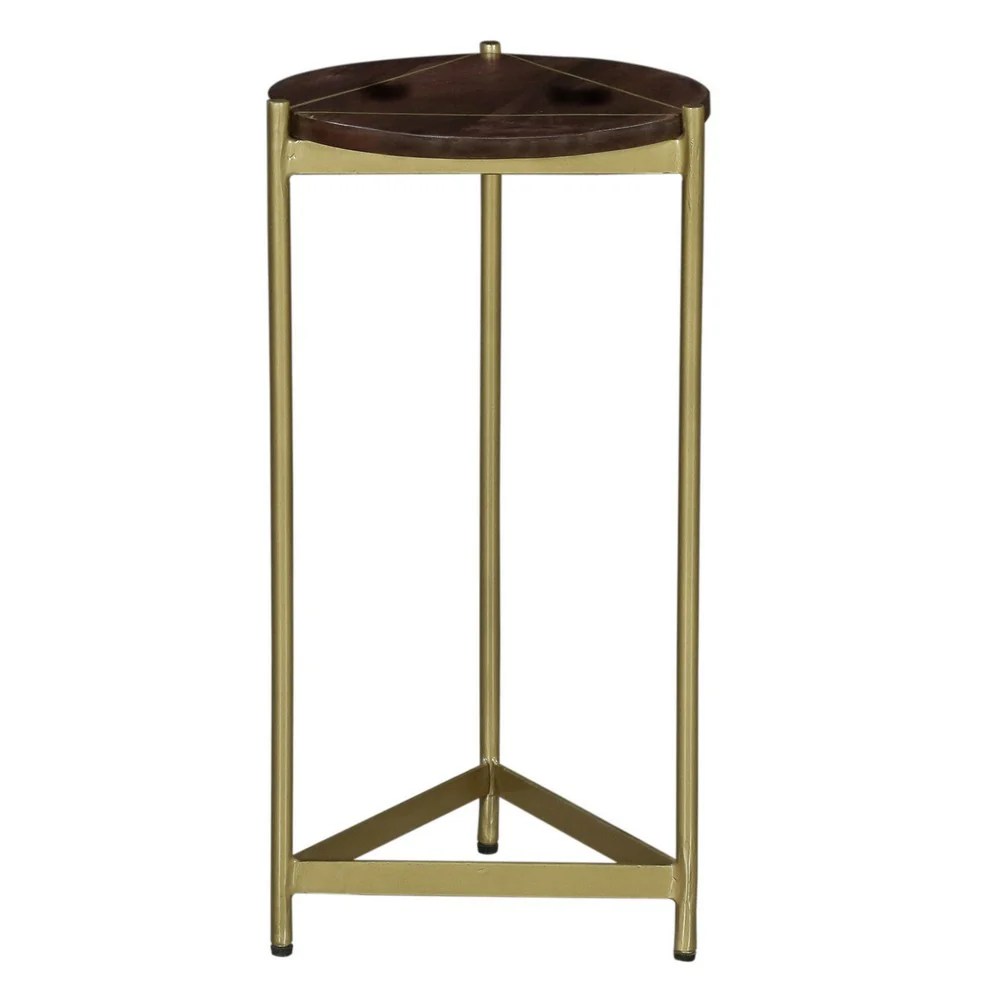 Brita 12" Round Mango Wood Cocktail End Table with Gold Triangular Base - Brown & Brass Accent Table