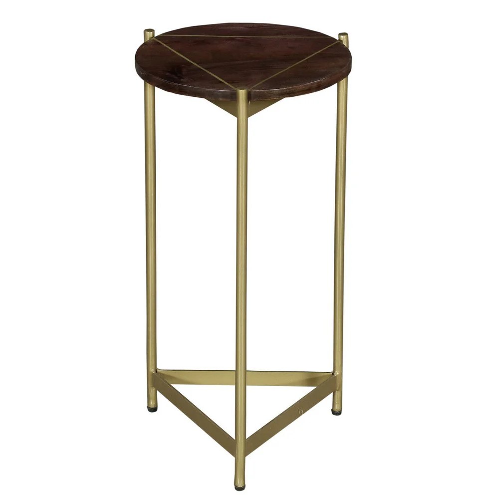 Brita 12" Round Mango Wood Cocktail End Table with Gold Triangular Base - Brown & Brass Accent Table
