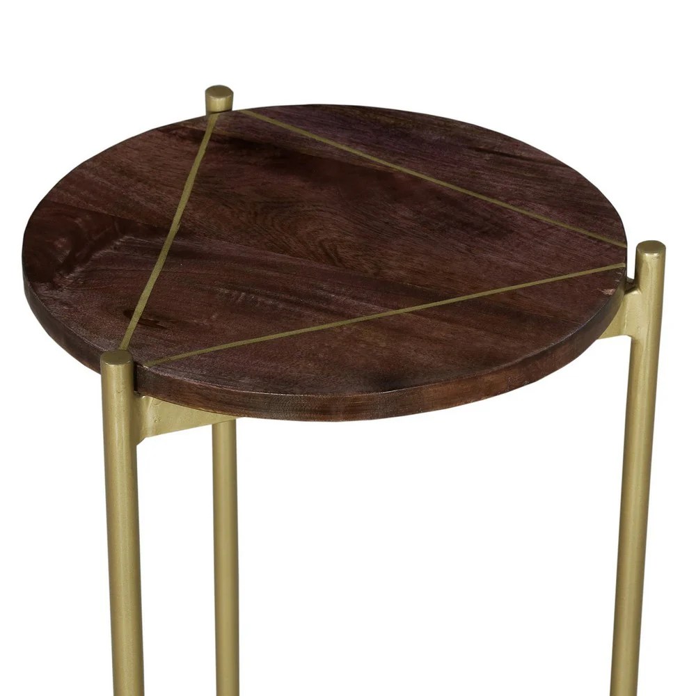 Brita 12" Round Mango Wood Cocktail End Table with Gold Triangular Base - Brown & Brass Accent Table