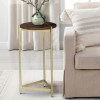 Brita 12" Round Mango Wood Cocktail End Table with Gold Triangular Base - Brown & Brass Accent Table