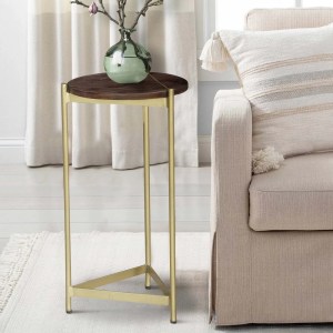 Brita 12" Round Mango Wood Cocktail End Table with Gold Triangular Base - Brown & Brass Accent Table
