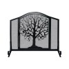 43 Inch Black Iron Fireplace Screen, 3 Panel Mesh Design, Arched Top, Tree of Life, Hinged Door