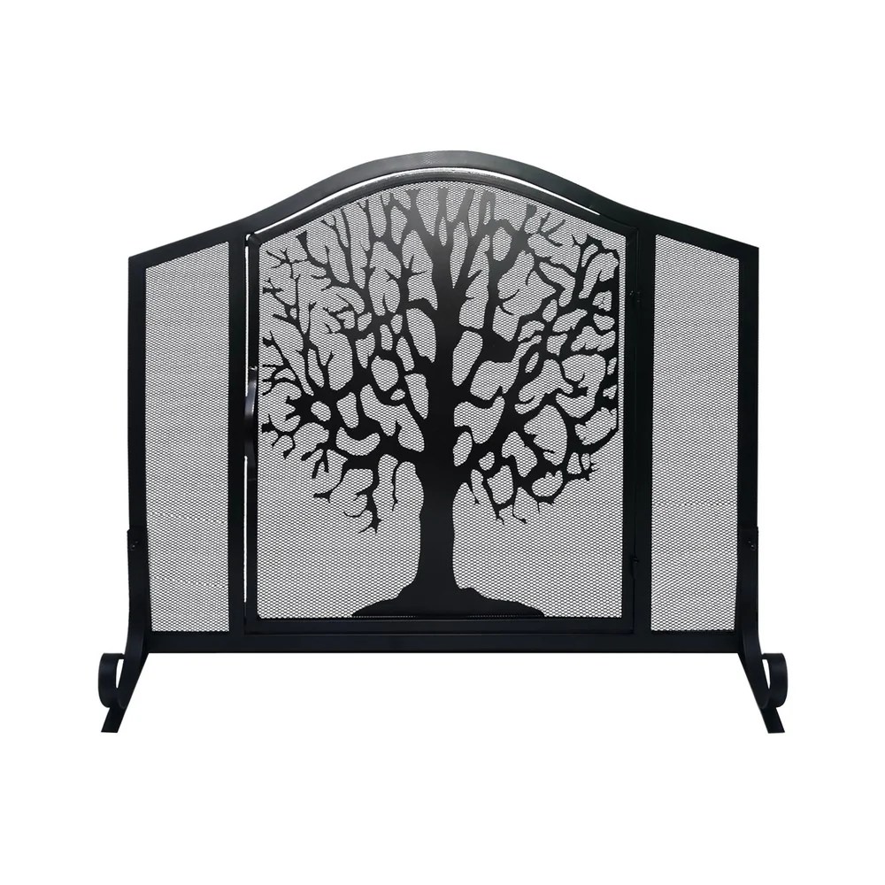 43 Inch Black Iron Fireplace Screen, 3 Panel Mesh Design, Arched Top, Tree of Life, Hinged Door