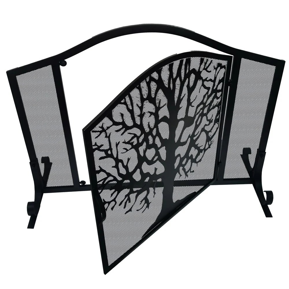 43 Inch Black Iron Fireplace Screen, 3 Panel Mesh Design, Arched Top, Tree of Life, Hinged Door