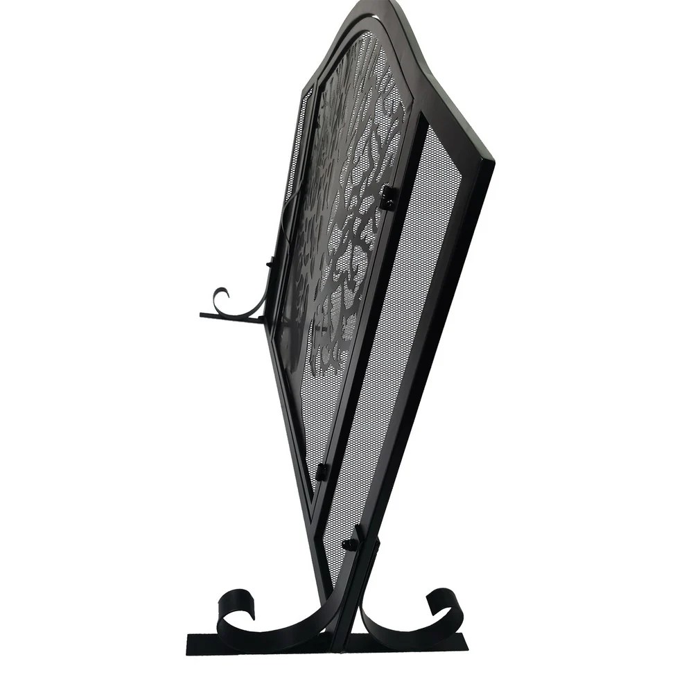 43 Inch Black Iron Fireplace Screen, 3 Panel Mesh Design, Arched Top, Tree of Life, Hinged Door