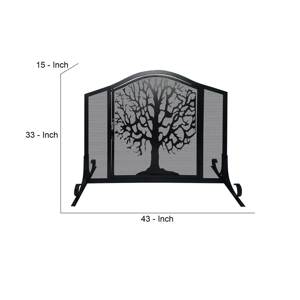 43 Inch Black Iron Fireplace Screen, 3 Panel Mesh Design, Arched Top, Tree of Life, Hinged Door