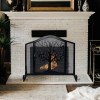 43 Inch Black Iron Fireplace Screen, 3 Panel Mesh Design, Arched Top, Tree of Life, Hinged Door