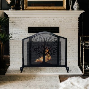 43 Inch Black Iron Fireplace Screen, 3 Panel Mesh Design, Arched Top, Tree of Life, Hinged Door