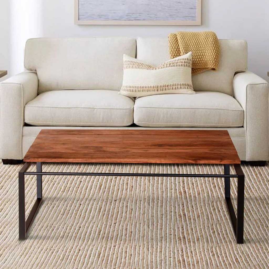 Industrial Coffee Table, 41.7" Rectangular Acacia Wood Plank Top, Metal Frame, Brown & Black, Rustic Farmhouse Living Room Furniture