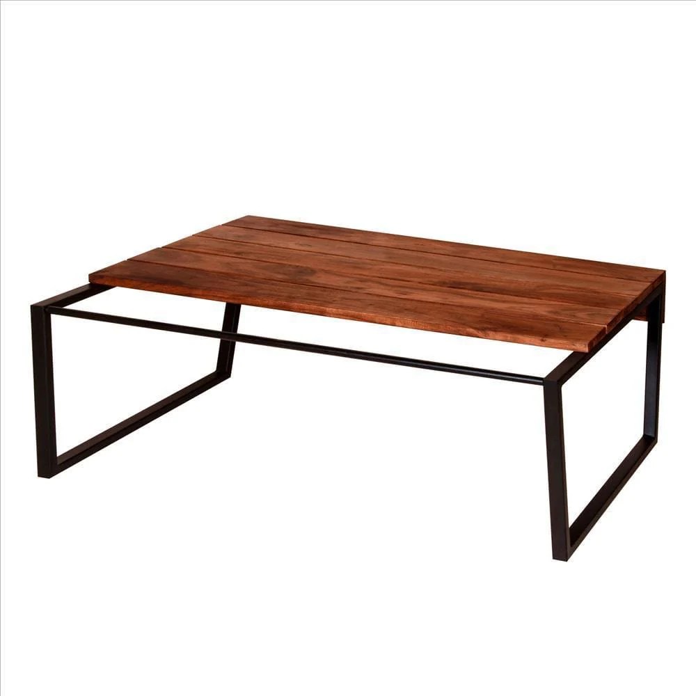 Industrial Coffee Table, 41.7" Rectangular Acacia Wood Plank Top, Metal Frame, Brown & Black, Rustic Farmhouse Living Room Furniture