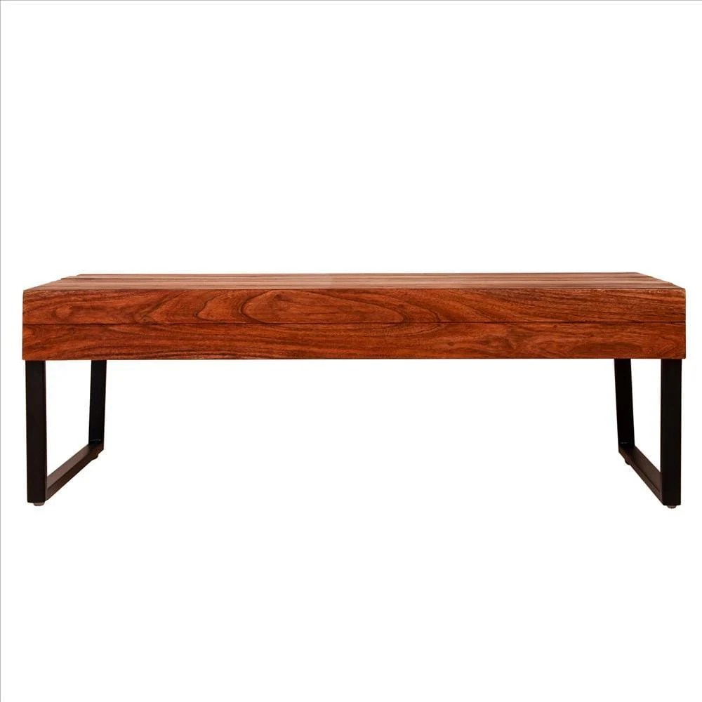 Industrial Coffee Table, 41.7" Rectangular Acacia Wood Plank Top, Metal Frame, Brown & Black, Rustic Farmhouse Living Room Furniture