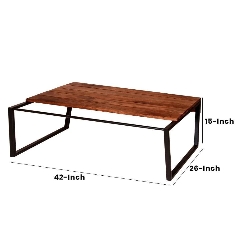 Industrial Coffee Table, 41.7" Rectangular Acacia Wood Plank Top, Metal Frame, Brown & Black, Rustic Farmhouse Living Room Furniture