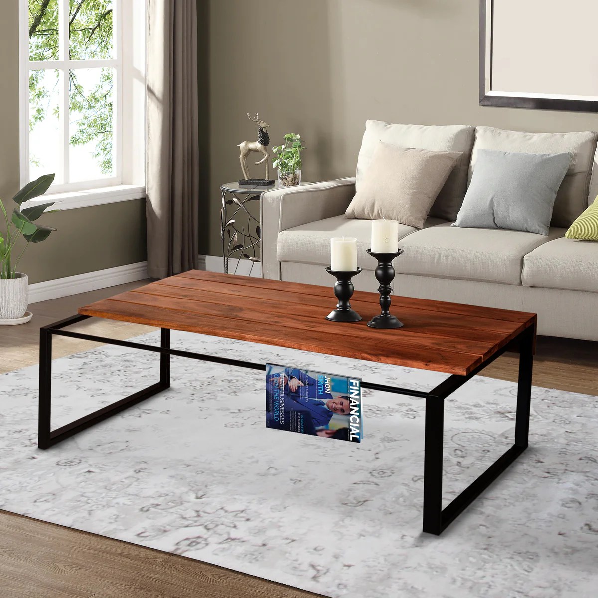 Industrial Coffee Table, 41.7" Rectangular Acacia Wood Plank Top, Metal Frame, Brown & Black, Rustic Farmhouse Living Room Furniture