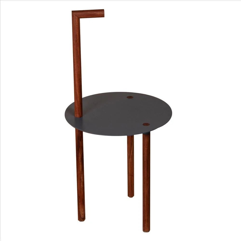 Industrial Acacia Wood & Metal End Table, Brown & Black, Round, 29 Inch, Portable, Sturdy