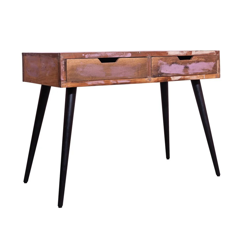 43 Inch Reclaimed Wood Console Table with Drawers, Angled Legs, Pastel Accent, Brown & Black