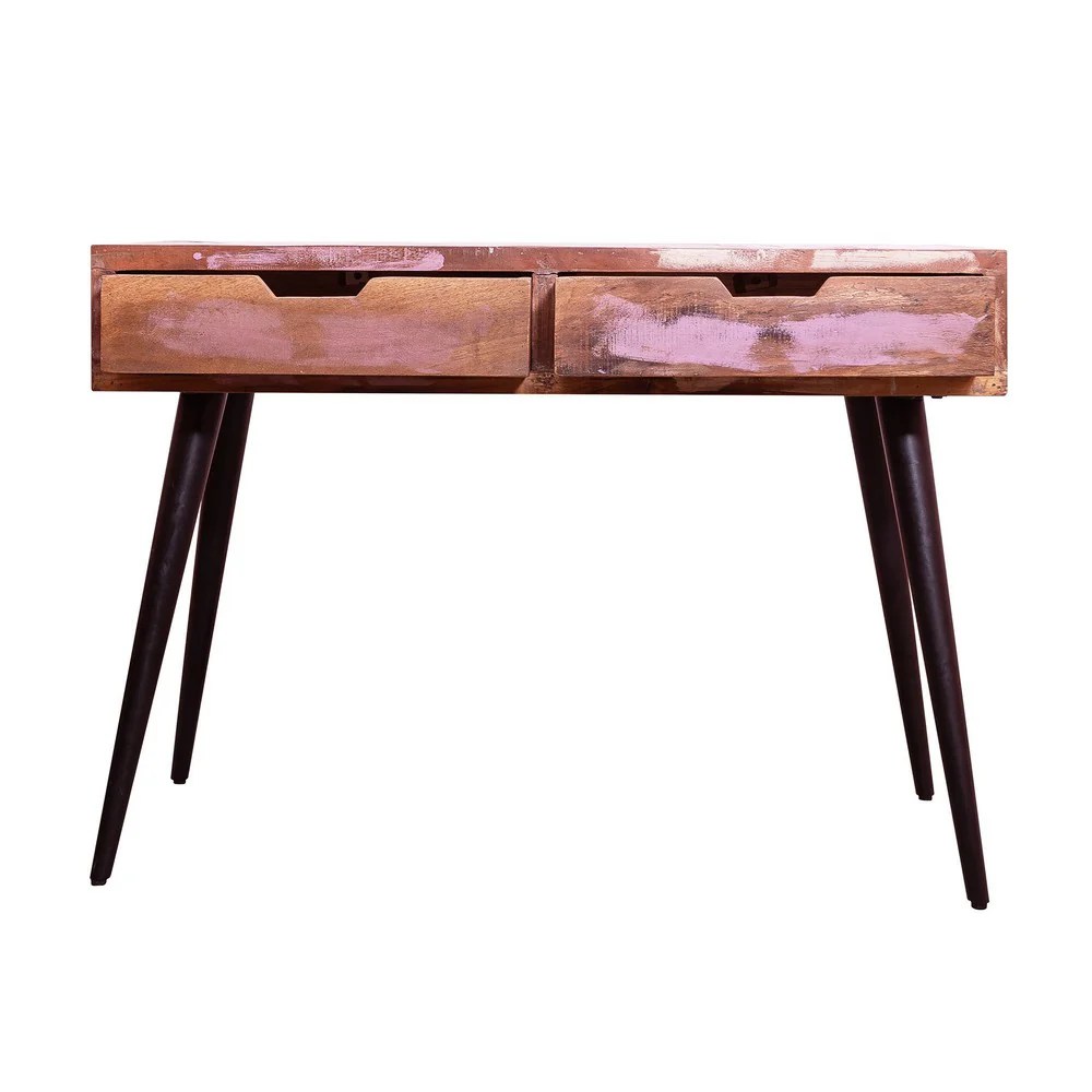 43 Inch Reclaimed Wood Console Table with Drawers, Angled Legs, Pastel Accent, Brown & Black