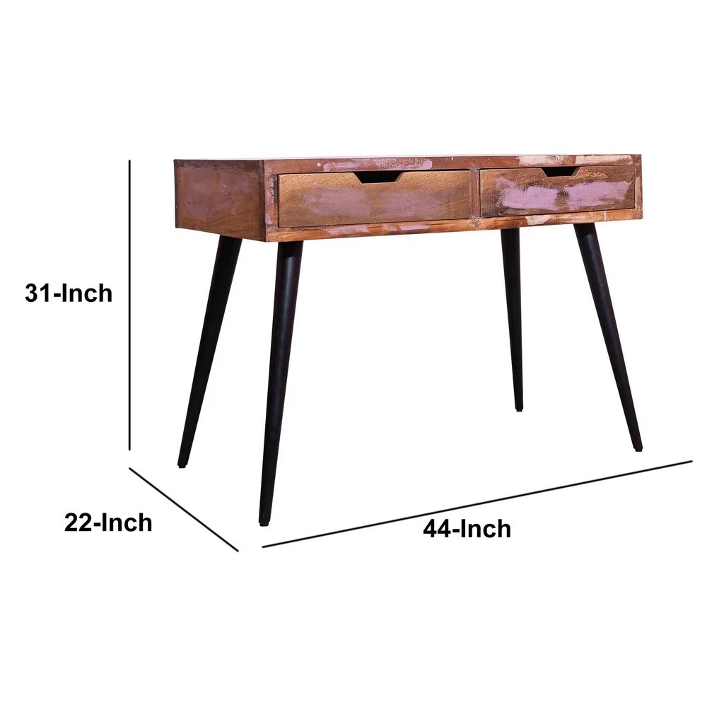 43 Inch Reclaimed Wood Console Table with Drawers, Angled Legs, Pastel Accent, Brown & Black