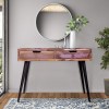 43 Inch Reclaimed Wood Console Table with Drawers, Angled Legs, Pastel Accent, Brown & Black