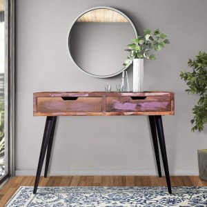 43 Inch Reclaimed Wood Console Table with Drawers, Angled Legs, Pastel Accent, Brown & Black