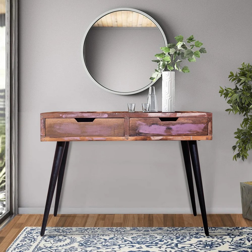43 Inch Reclaimed Wood Console Table with Drawers, Angled Legs, Pastel Accent, Brown & Black