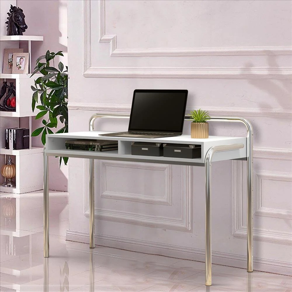 White Computer Desk, 2 Storage, Metal Frame