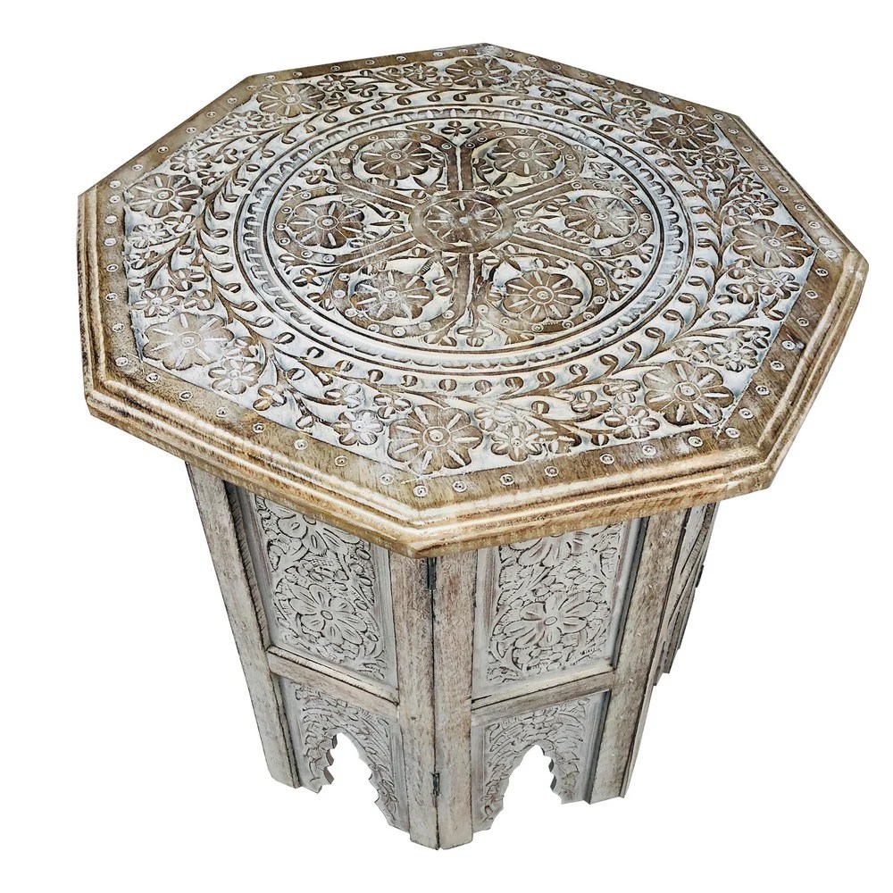 Mango Wood Farmhouse Side Table, Octagonal, Carved