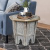 Mango Wood Farmhouse Side Table, Octagonal, Carved