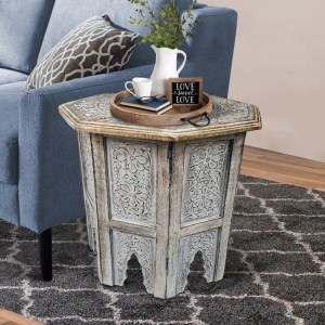 Mango Wood Farmhouse Side Table, Octagonal, Carved