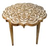 18" Handcrafted Mango Wood Side Table, Floral Carved Top, Tripod Base, Boho Farmhouse End Table, Antique Brown & White