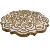 18" Handcrafted Mango Wood Side Table, Floral Carved Top, Tripod Base, Boho Farmhouse End Table, Antique Brown & White