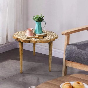 18" Handcrafted Mango Wood Side Table, Floral Carved Top, Tripod Base, Boho Farmhouse End Table, Antique Brown & White