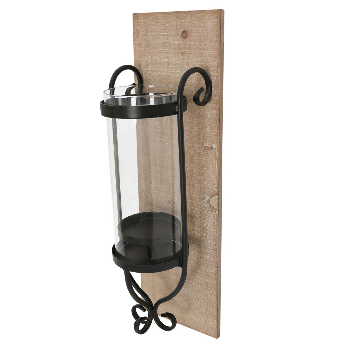 Industrial Wall Mount Hurricane Candle Holders Set of 2 - Black Wood & Glass - Rustic Farmhouse Decor - Modern Candle Lantern - 2 Sizes